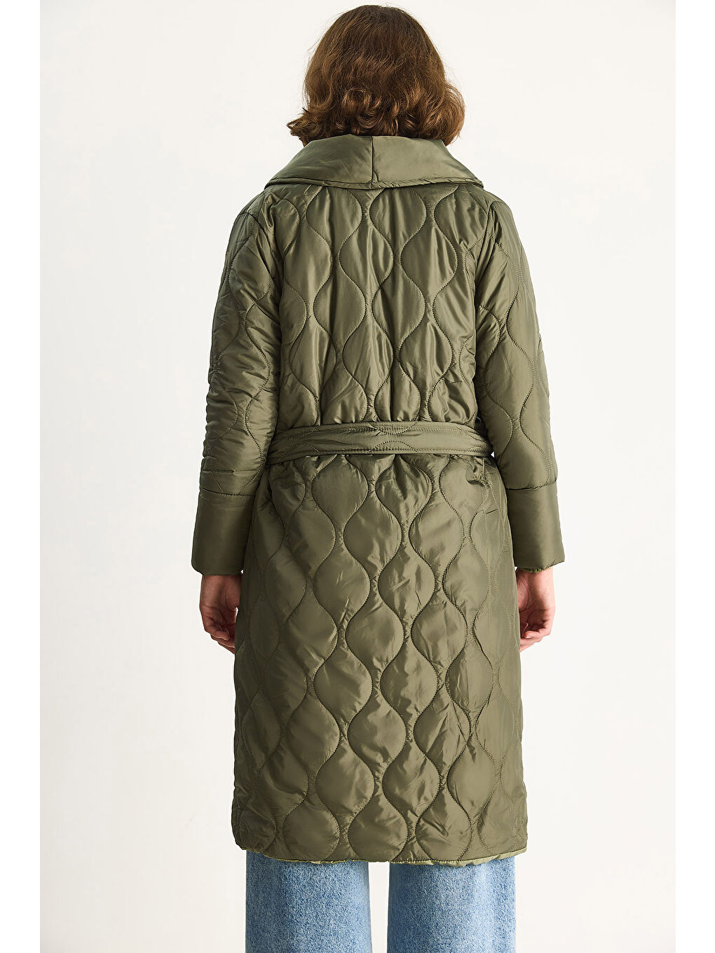 Haki Kadın Kuşaklı Şal Yaka Kapitone Kaban-7