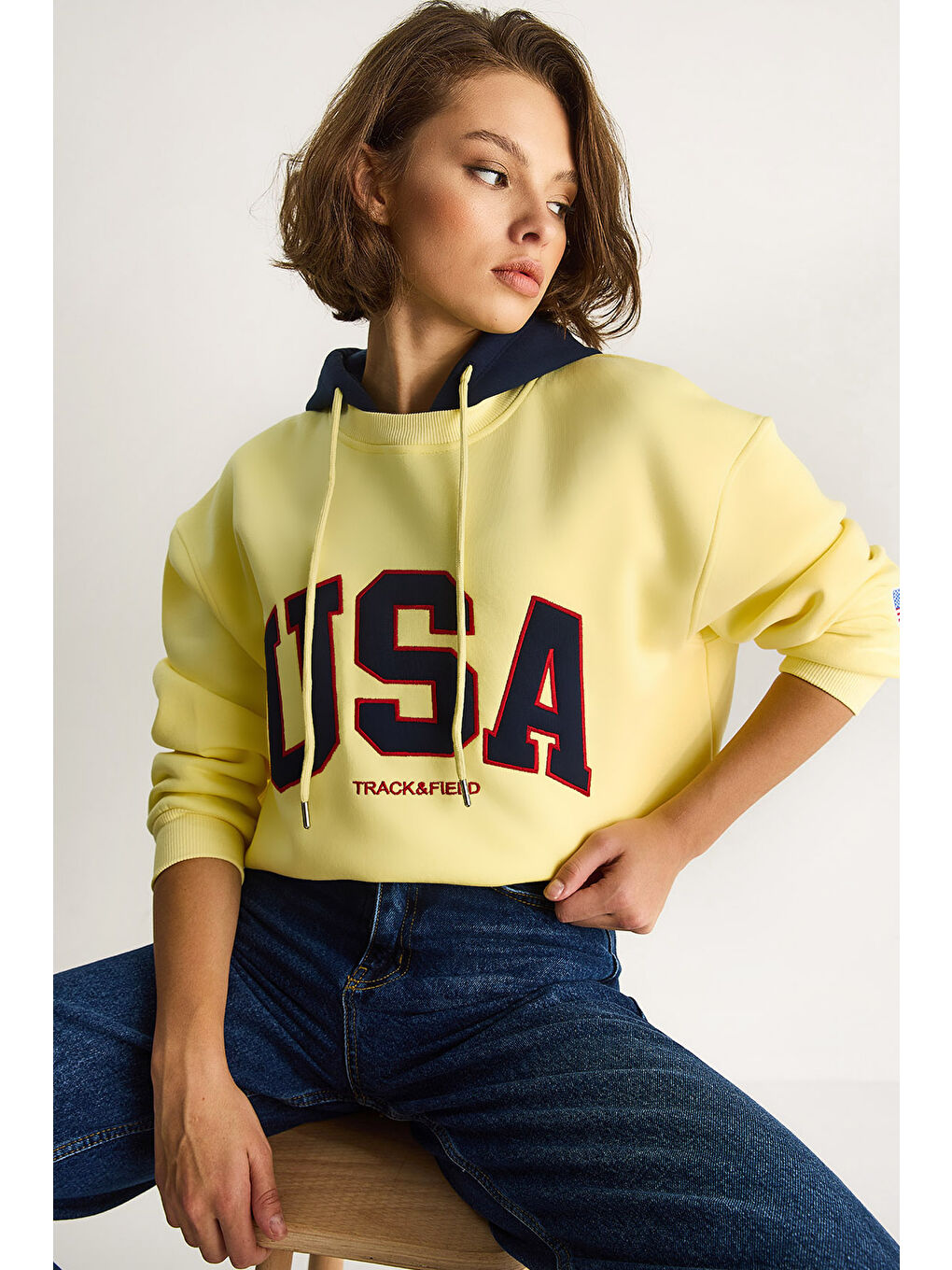 Gri Kadın USA İşlemeli Şardonlu Kapüşonlu Salaş Sweatshirt