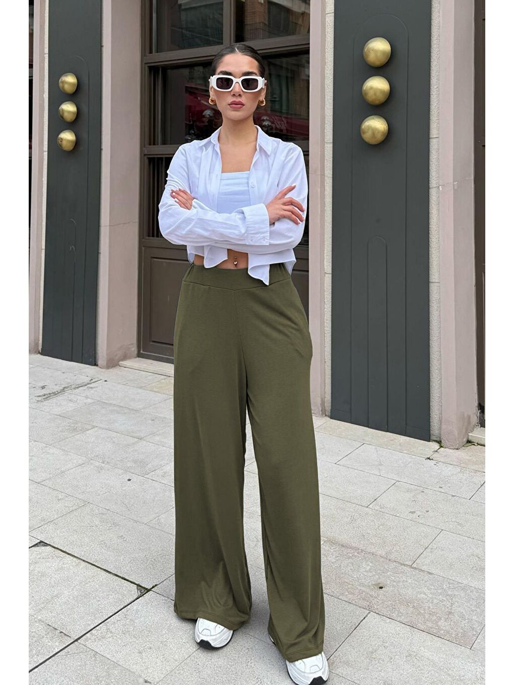 Haki Yüksek Bel Rahat Kesim Geniş Paça Kadın Pantolon Mg2309