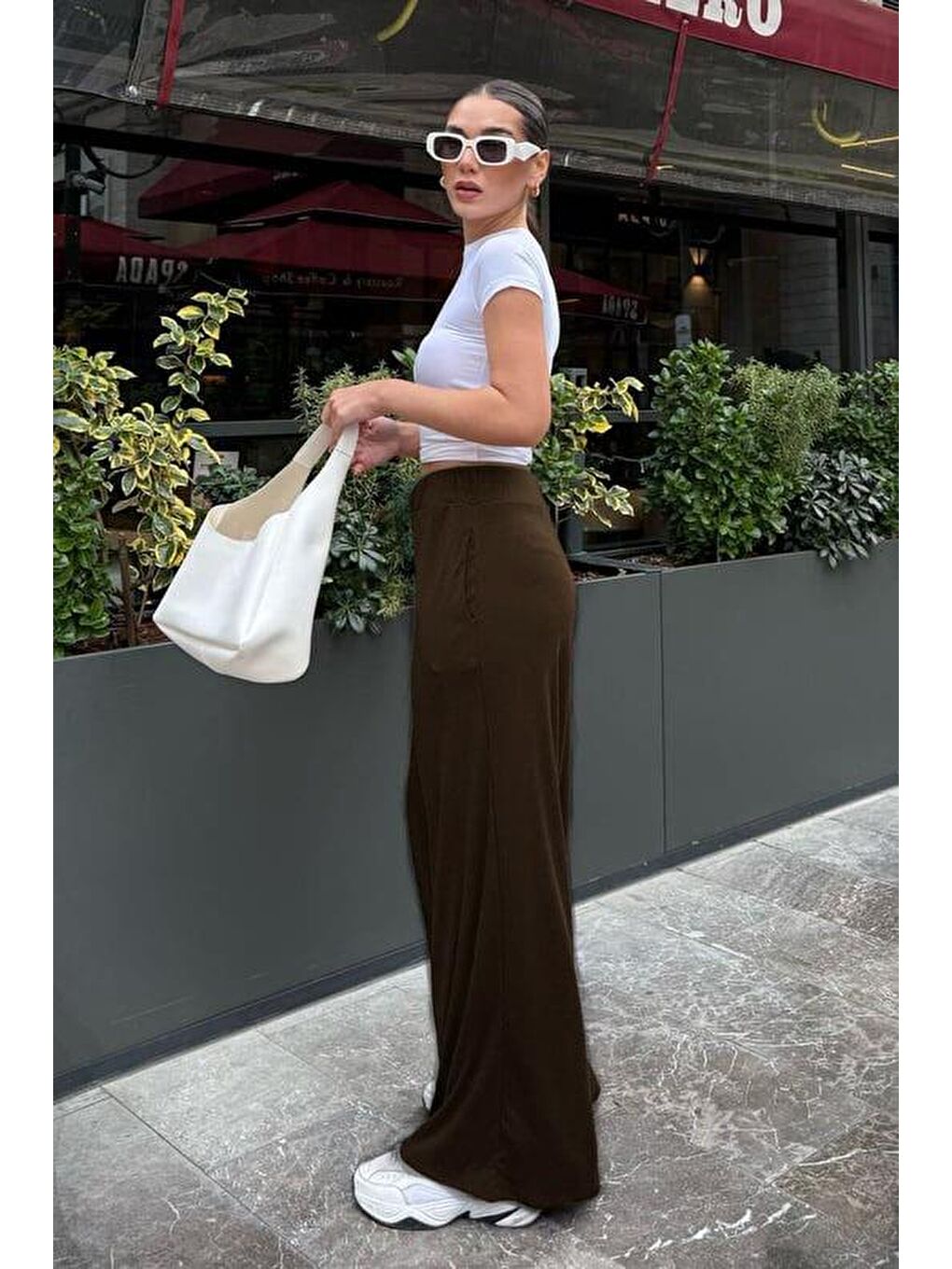 Kahverengi Yüksek Bel Rahat Kesim Geniş Paça Kadın Pantolon Mg2309-1