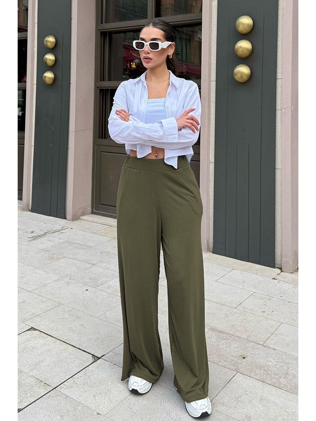 Haki Yüksek Bel Rahat Kesim Geniş Paça Kadın Pantolon Mg2309-1