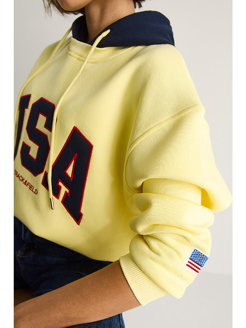 Gri Kadın USA İşlemeli Şardonlu Kapüşonlu Salaş Sweatshirt-2