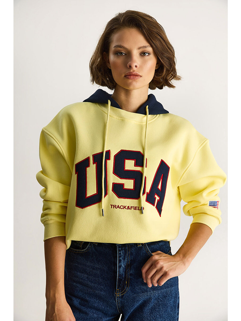 Gri Kadın USA İşlemeli Şardonlu Kapüşonlu Salaş Sweatshirt-3