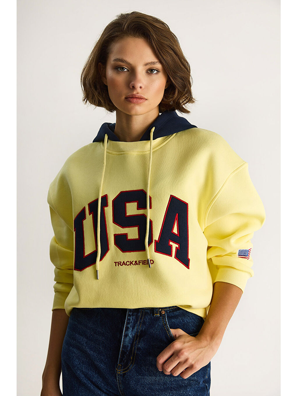 Gri Kadın USA İşlemeli Şardonlu Kapüşonlu Salaş Sweatshirt-4