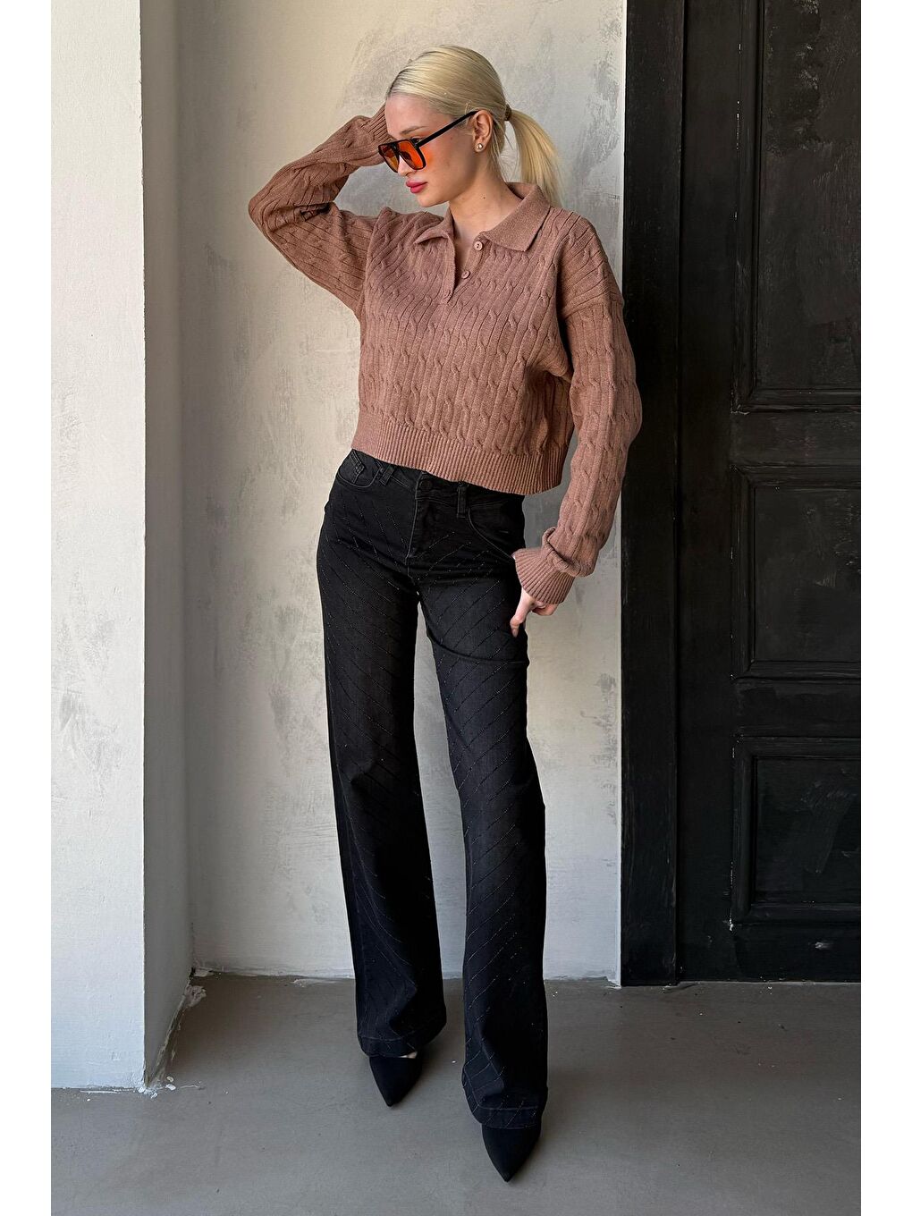 Bej Vizon Saç Örgülü Polo Yaka Kadın Kazak Mg2310-1