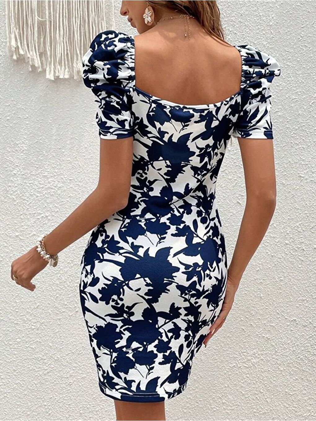 Lacivert Kadın Kısa Kollu Kruvaze Yakalı çiçek Baskılı Süprem Elbise-1