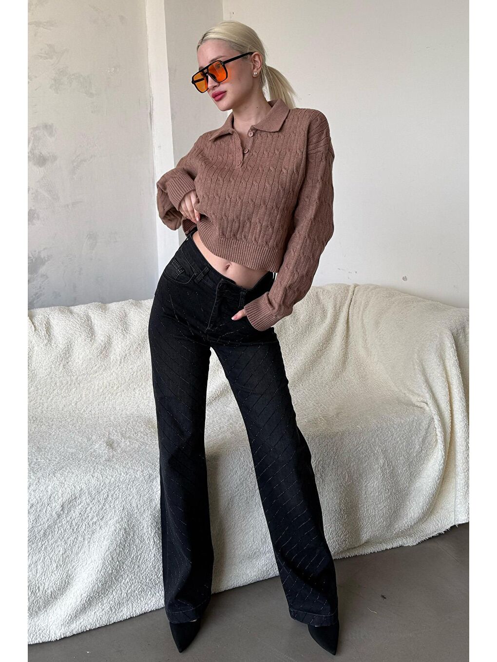 Bej Vizon Saç Örgülü Polo Yaka Kadın Kazak Mg2310-4