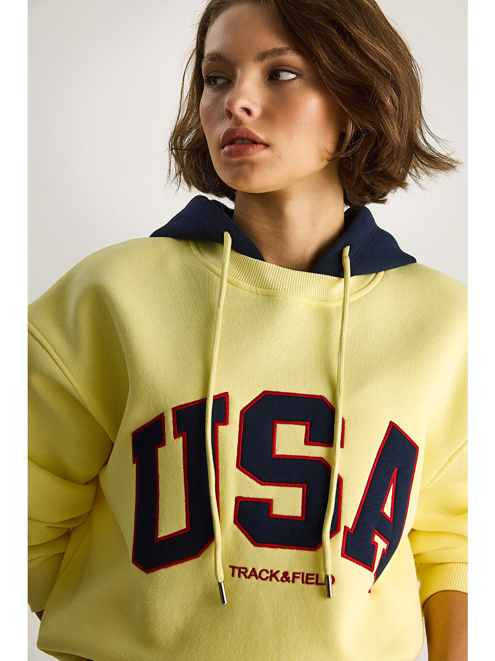 Gri Kadın USA İşlemeli Şardonlu Kapüşonlu Salaş Sweatshirt-5