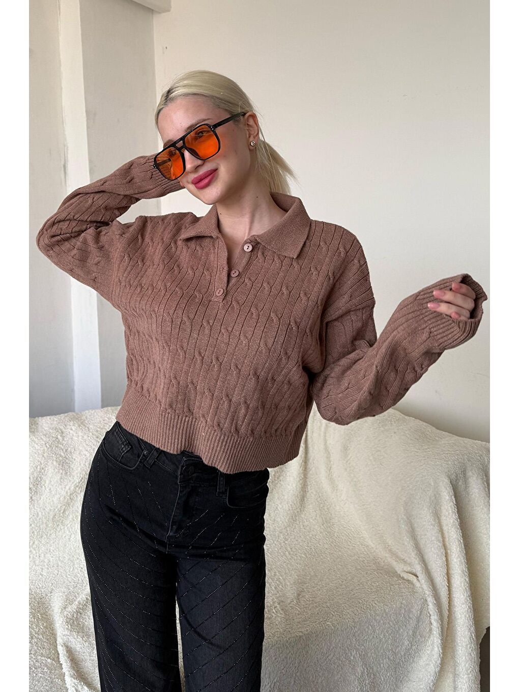 Bej Vizon Saç Örgülü Polo Yaka Kadın Kazak Mg2310-6