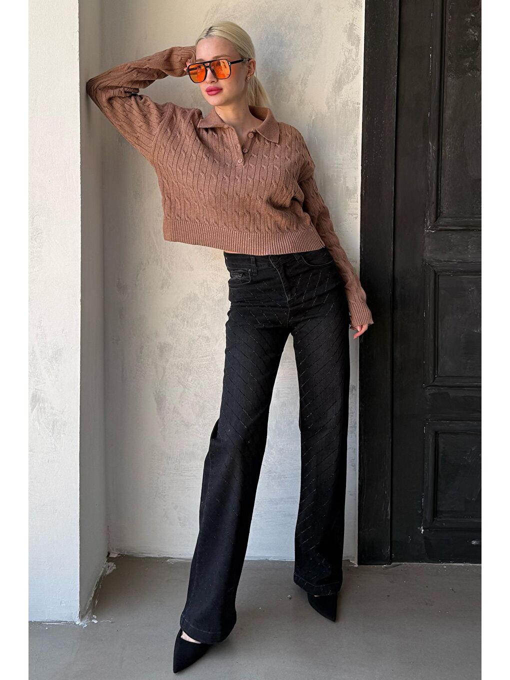 Bej Vizon Saç Örgülü Polo Yaka Kadın Kazak Mg2310-8