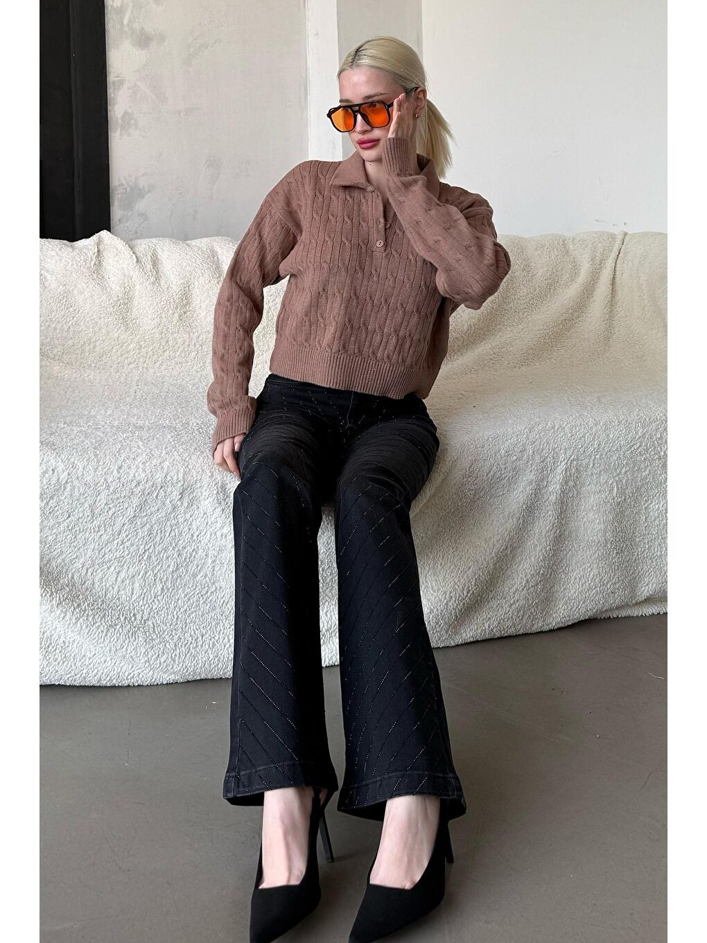 Bej Vizon Saç Örgülü Polo Yaka Kadın Kazak Mg2310-10