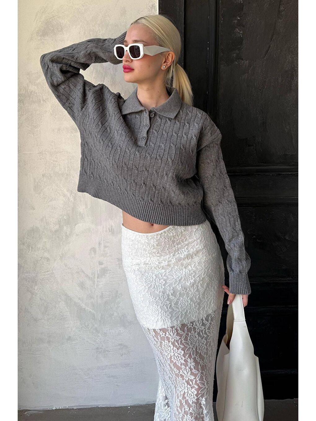 Antrasit Saç Örgülü Polo Yaka Kadın Kazak Mg2310-1