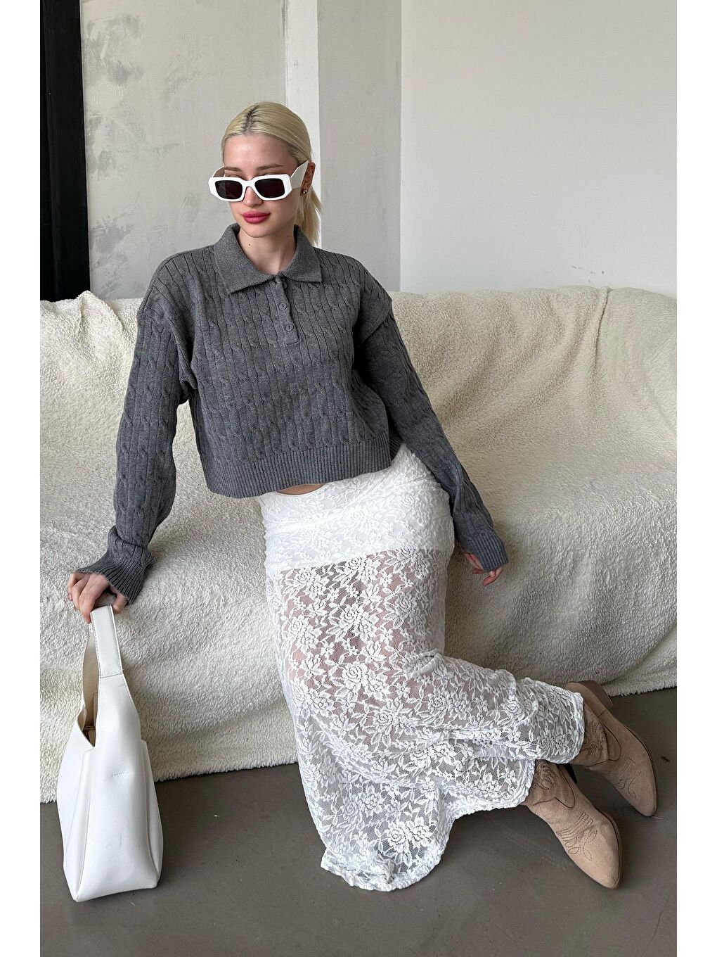 Antrasit Saç Örgülü Polo Yaka Kadın Kazak Mg2310-6