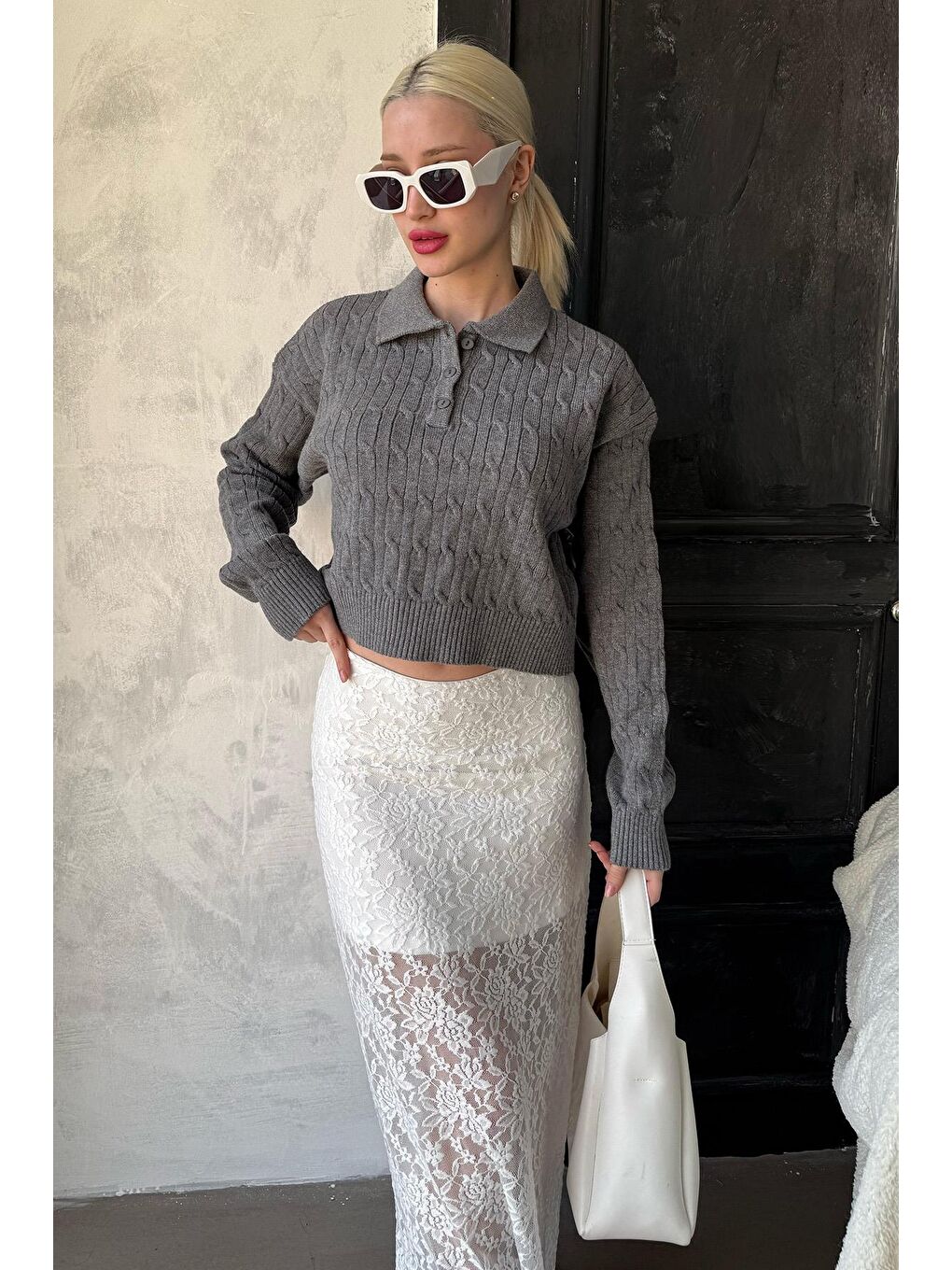 Antrasit Saç Örgülü Polo Yaka Kadın Kazak Mg2310-7