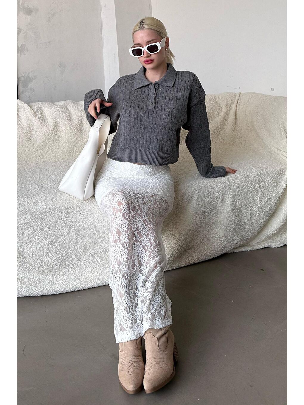 Antrasit Saç Örgülü Polo Yaka Kadın Kazak Mg2310-8