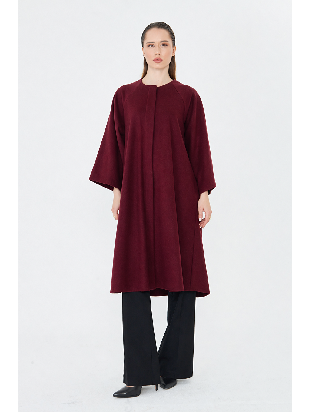 Kadın Trend Oversize Uzun Kol Bordo Kaşe Panço