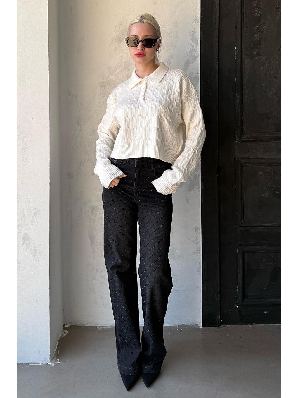 Ekru Saç Örgülü Polo Yaka Kadın Kazak Mg2310-4