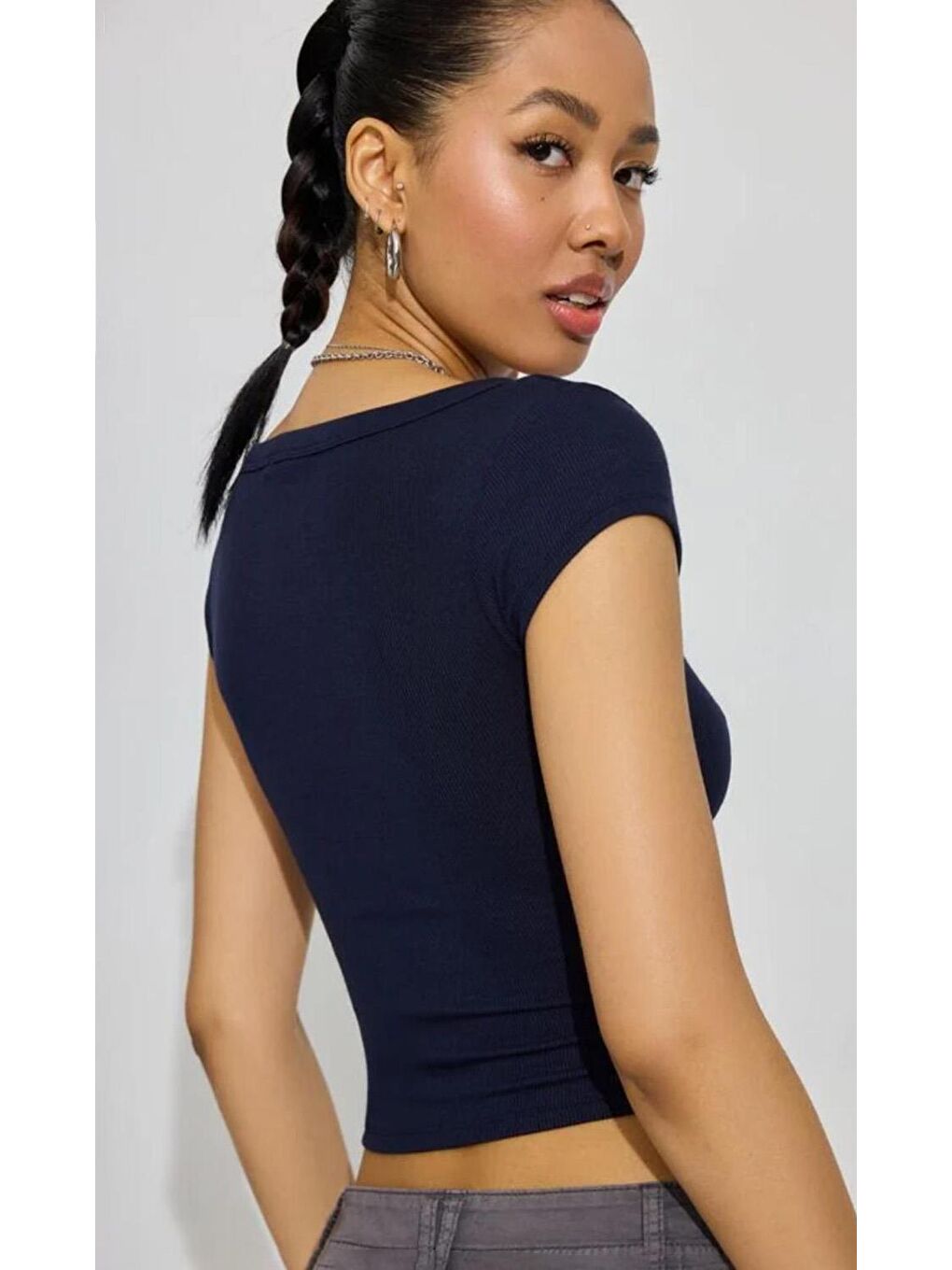 Lacivert Geniş Yaka Kadın Tişört Mg2341-2