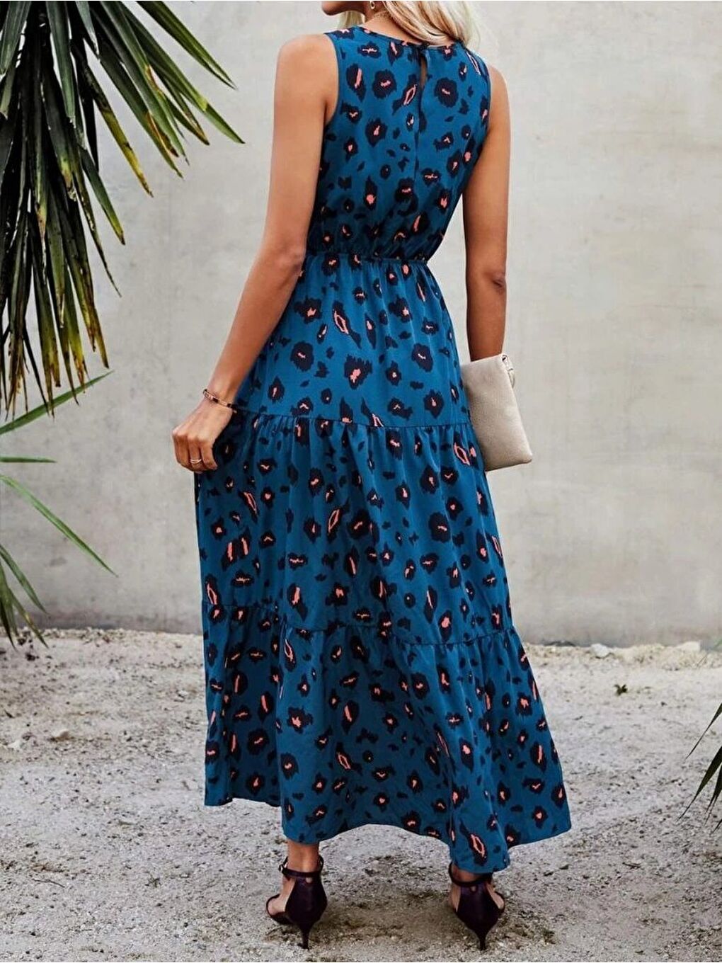 Mavi Kadın Kolsuz Bisiklet Yaka Beli Lastikli Desenli Süprem Elbise-3