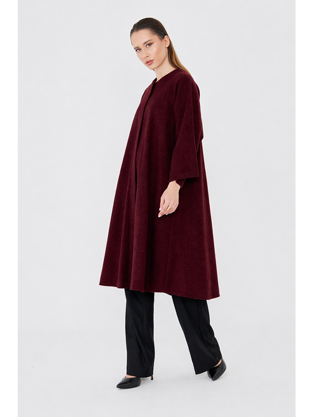 Kadın Trend Oversize Uzun Kol Bordo Kaşe Panço-1
