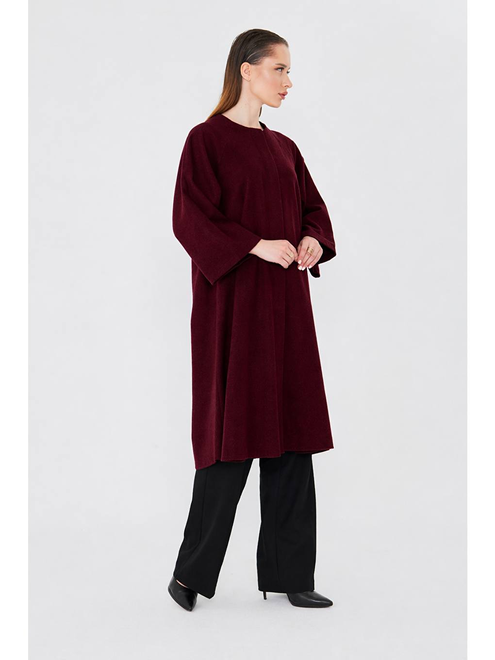Kadın Trend Oversize Uzun Kol Bordo Kaşe Panço-2
