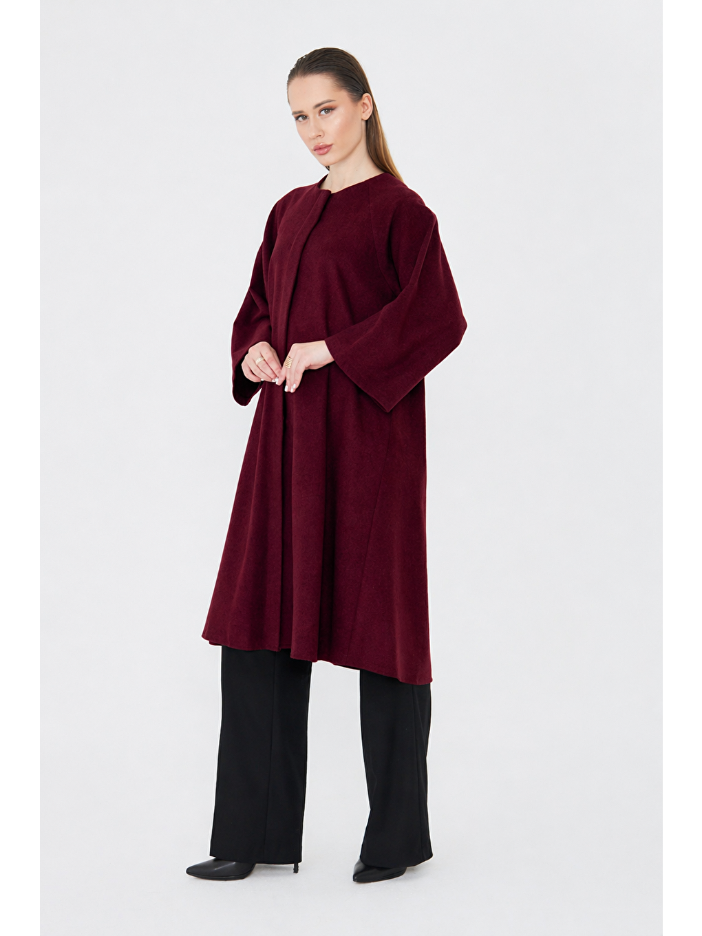 Kadın Trend Oversize Uzun Kol Bordo Kaşe Panço-4