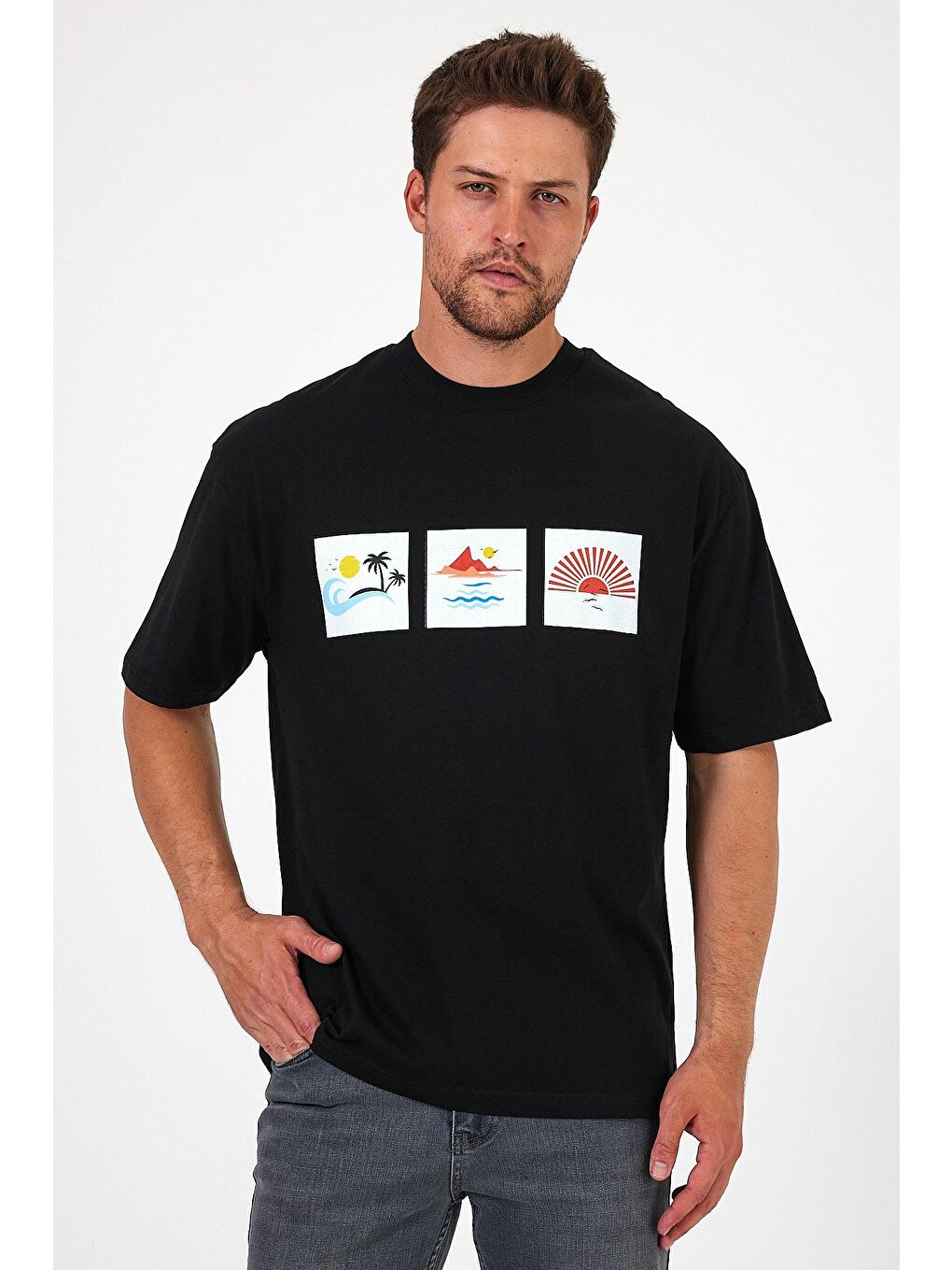 Siyah Bisiklet Yaka  Baskılı Erkek Tişört 0210