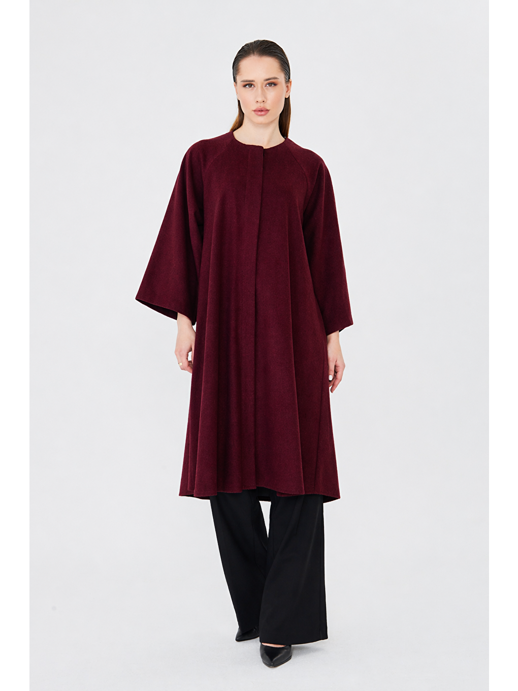 Kadın Trend Oversize Uzun Kol Bordo Kaşe Panço-5