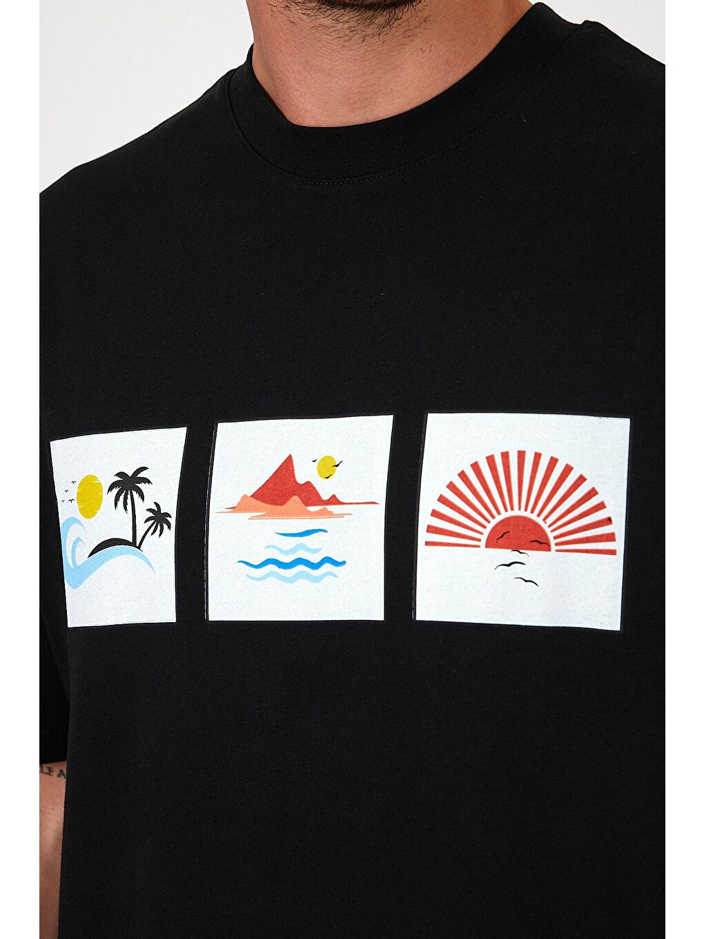 Siyah Bisiklet Yaka  Baskılı Erkek Tişört 0210-2