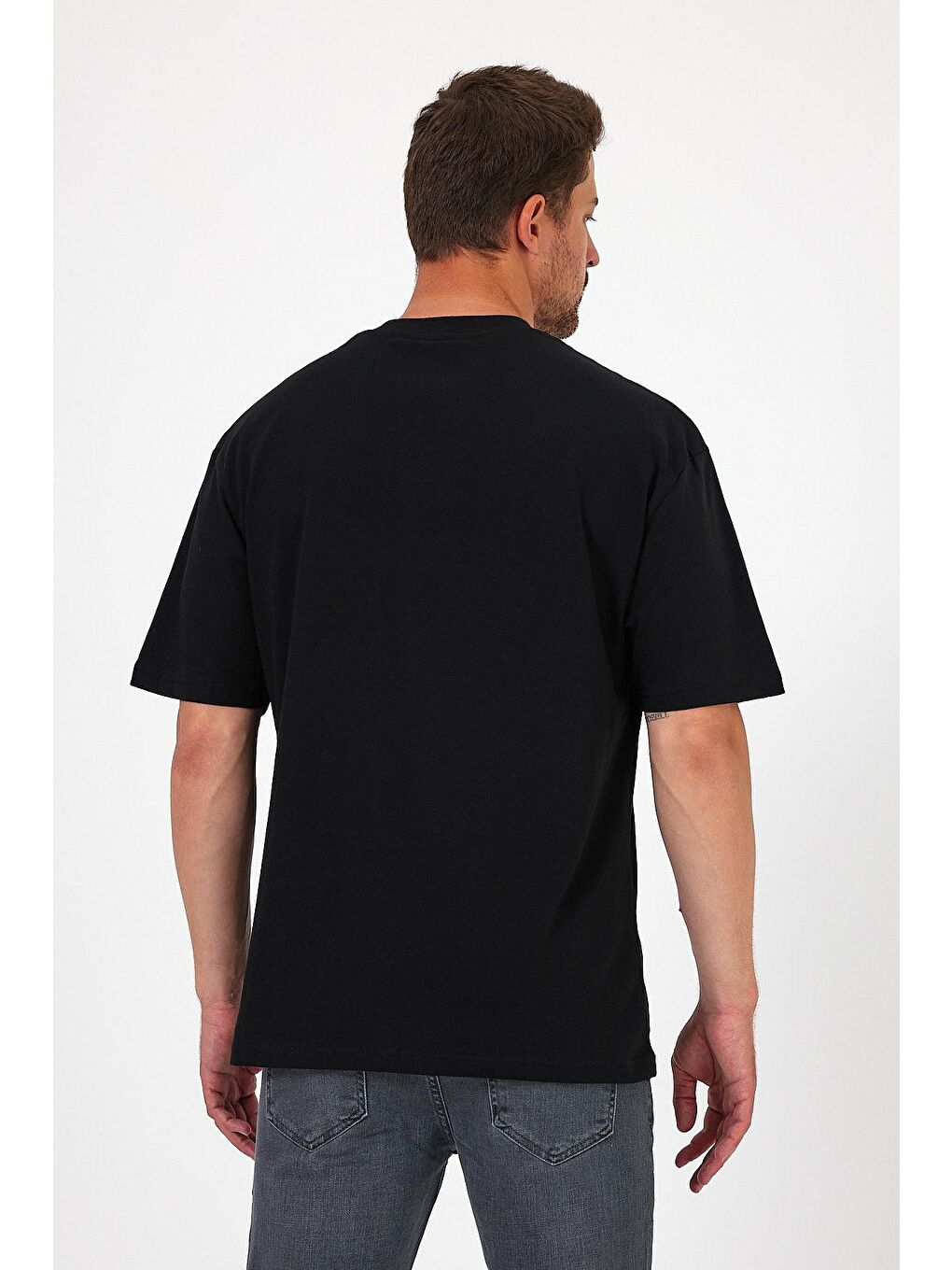 Siyah Bisiklet Yaka  Baskılı Erkek Tişört 0210-3