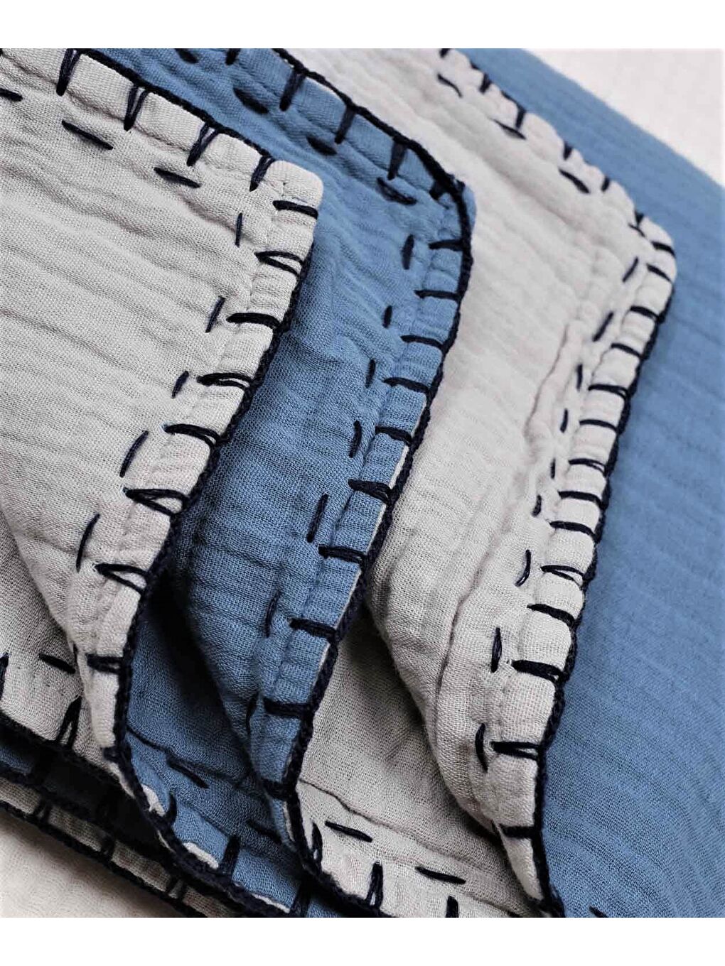 Müslin Çift Taraflı El İşili Bebek Battaniye (Yıkanmıştır) 100X100 Cm İndigo - Gri-1