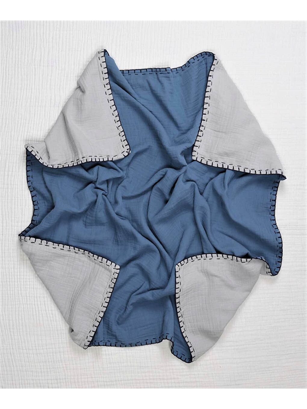 Müslin Çift Taraflı El İşili Bebek Battaniye (Yıkanmıştır) 100X100 Cm İndigo - Gri-2