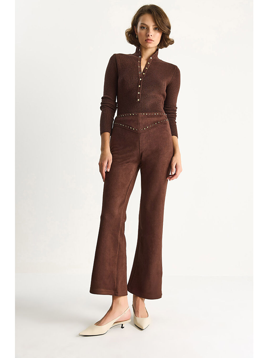 Kahverengi Kadın Metal Detaylı Suni Süet İspanyol Paça Pantolon