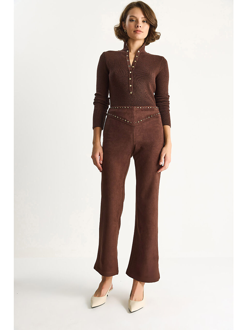 Kahverengi Kadın Metal Detaylı Suni Süet İspanyol Paça Pantolon-2