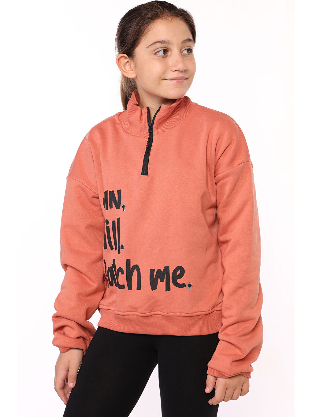 Toontoykids Kahverengi Kız Çocuk Dik Yaka Fermuarlı Baskılı Sweatshirt