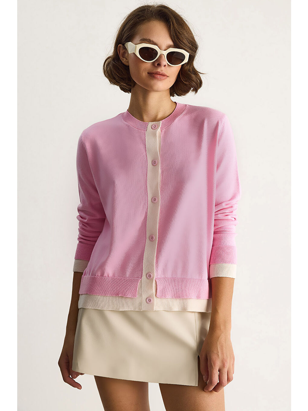 Pembe Kadın Kontrast Renkli Bisiklet Yaka Önü Düğme Kapamalı Hırka TH