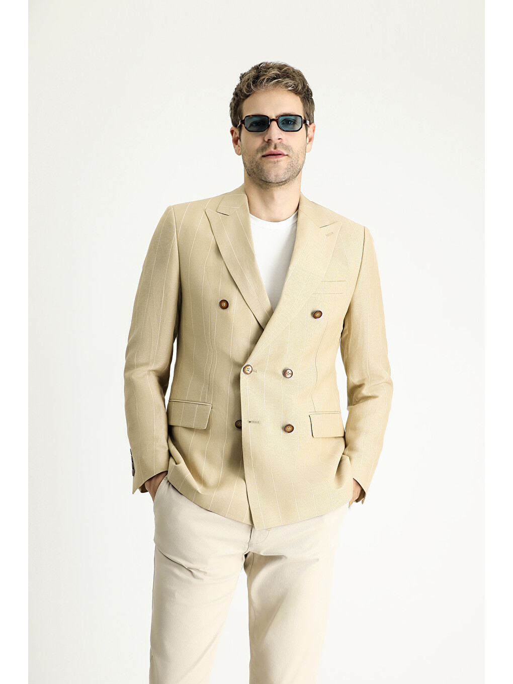 Bej Kruvaze Çizgili Keten Karışımlı Blazer Ceket