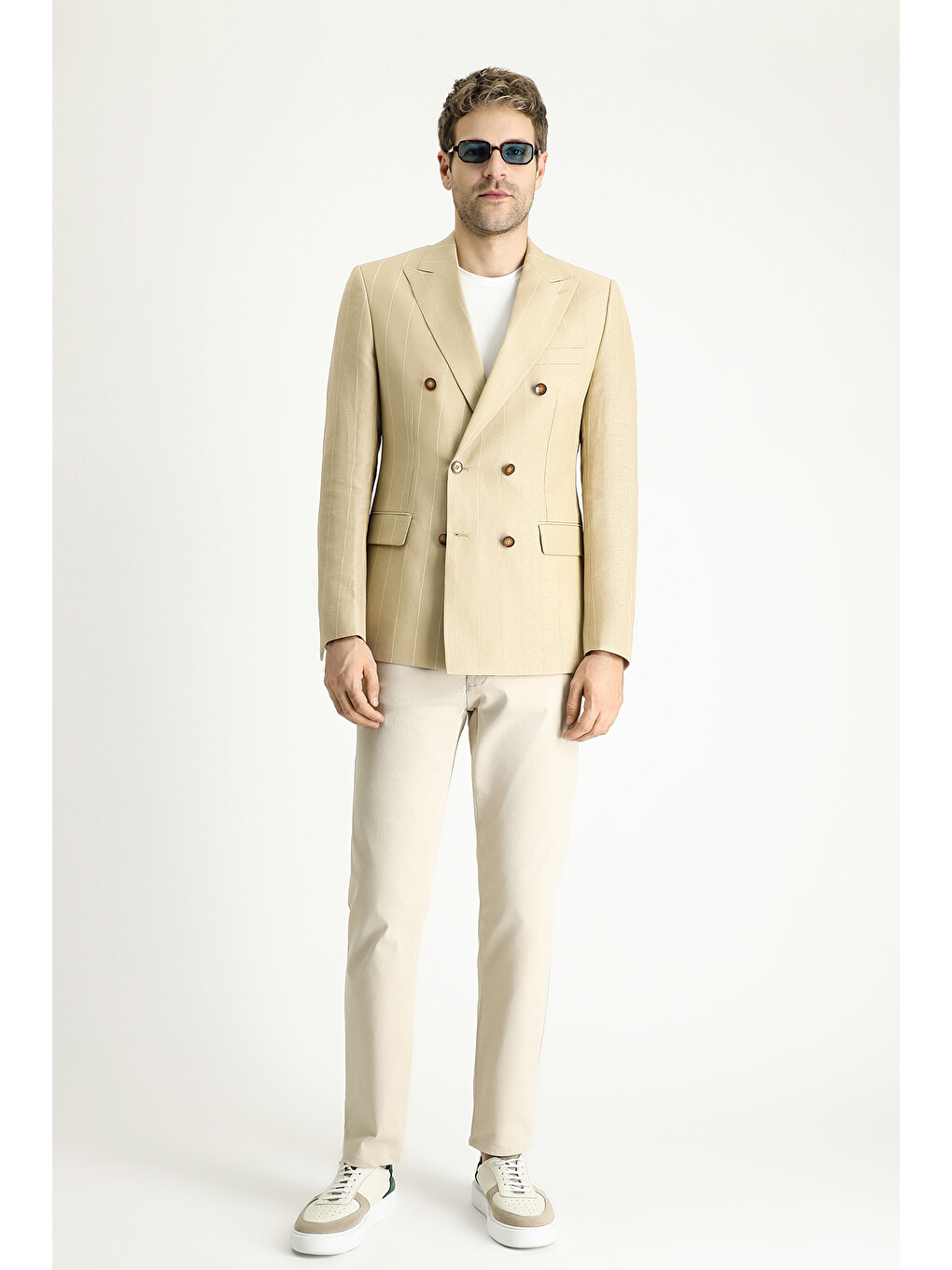 Bej Kruvaze Çizgili Keten Karışımlı Blazer Ceket-1