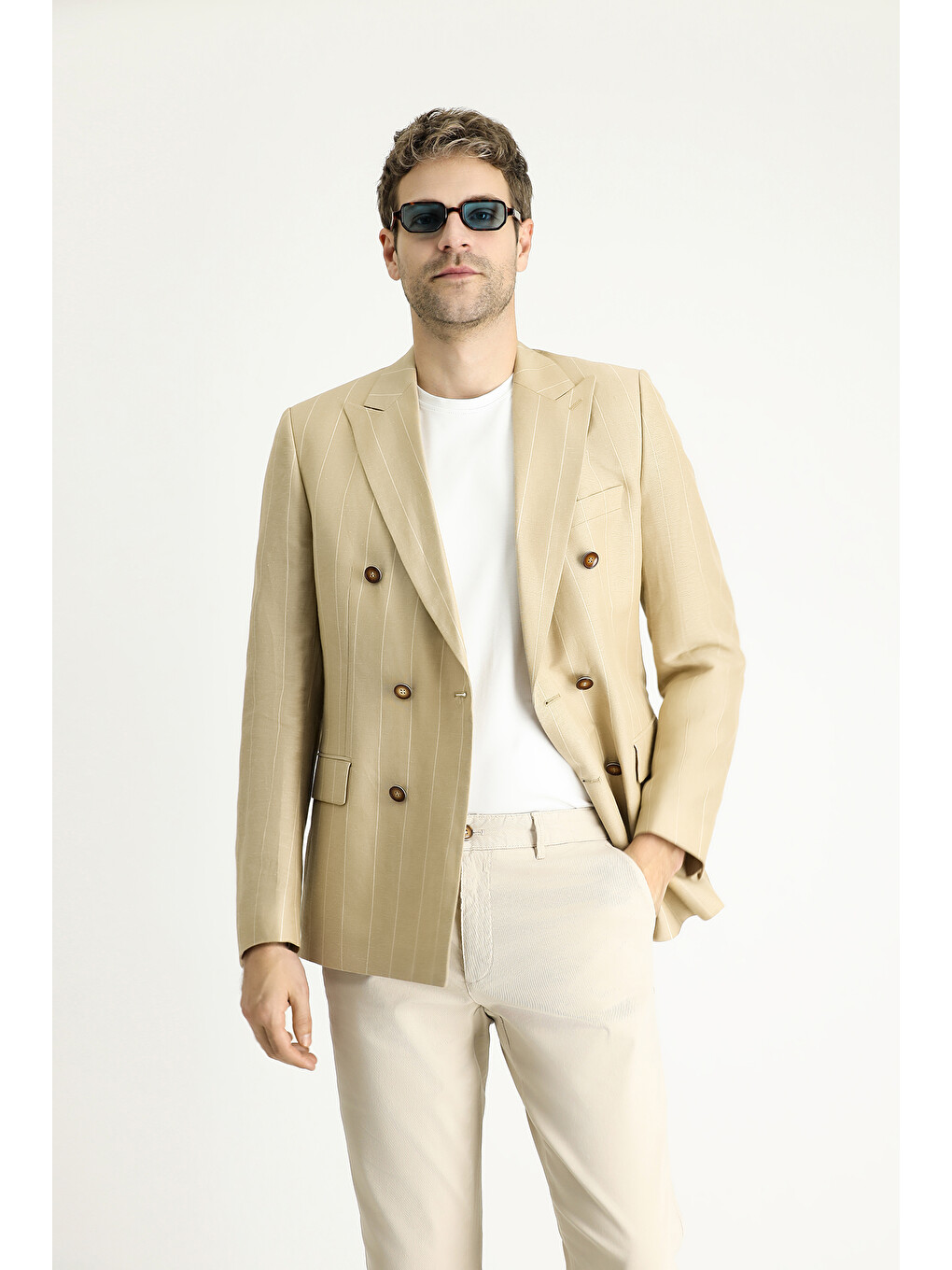 Bej Kruvaze Çizgili Keten Karışımlı Blazer Ceket-2