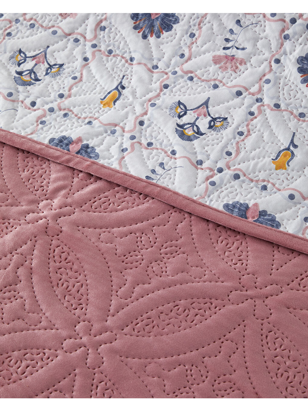 Pembe Ornate Fancy Çift Taraflı Kadife Çift Kişilik Yatak Örtüsü Takımı Gül Kurusu-2
