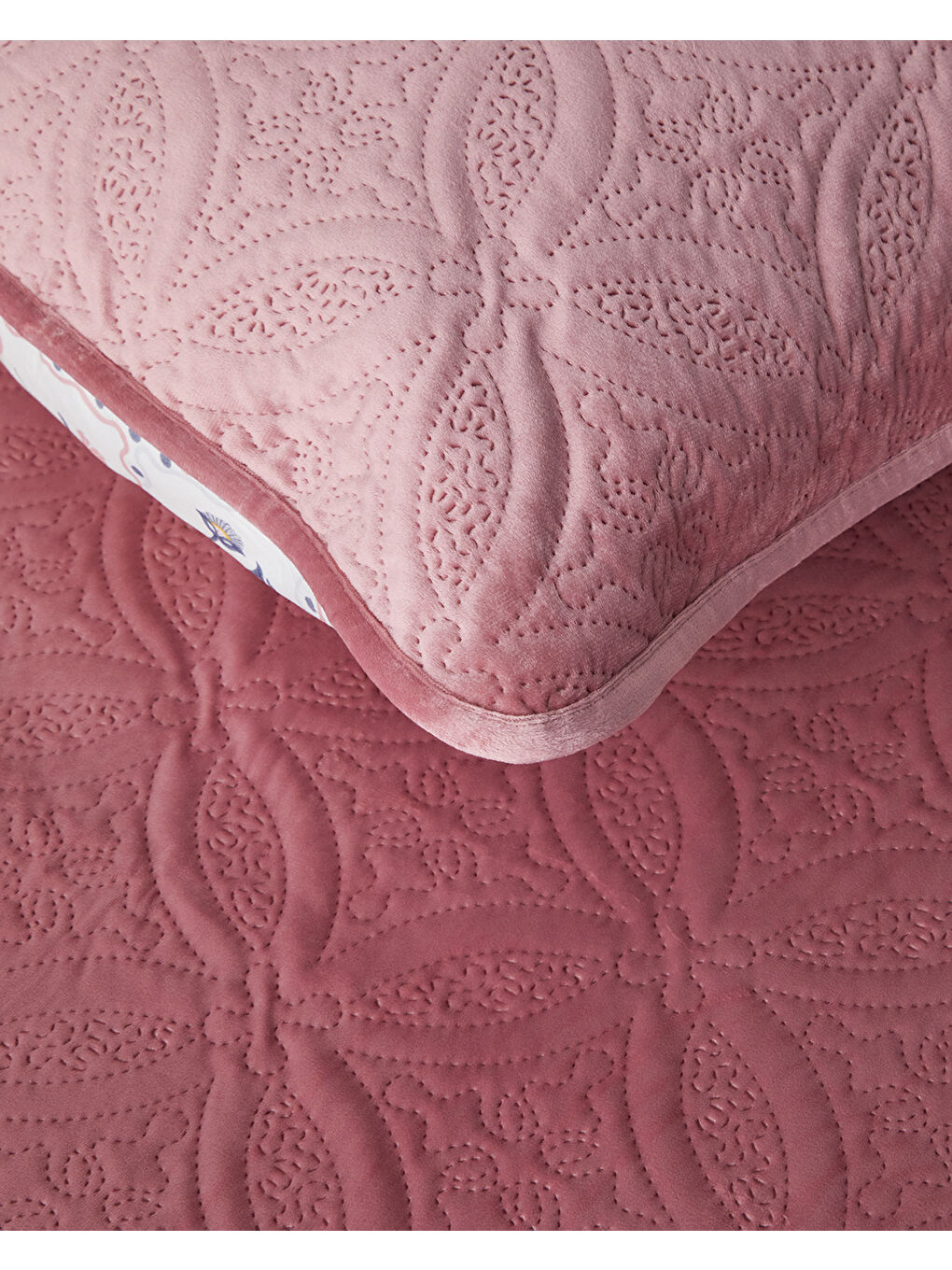 Pembe Ornate Fancy Çift Taraflı Kadife Çift Kişilik Yatak Örtüsü Takımı Gül Kurusu-3