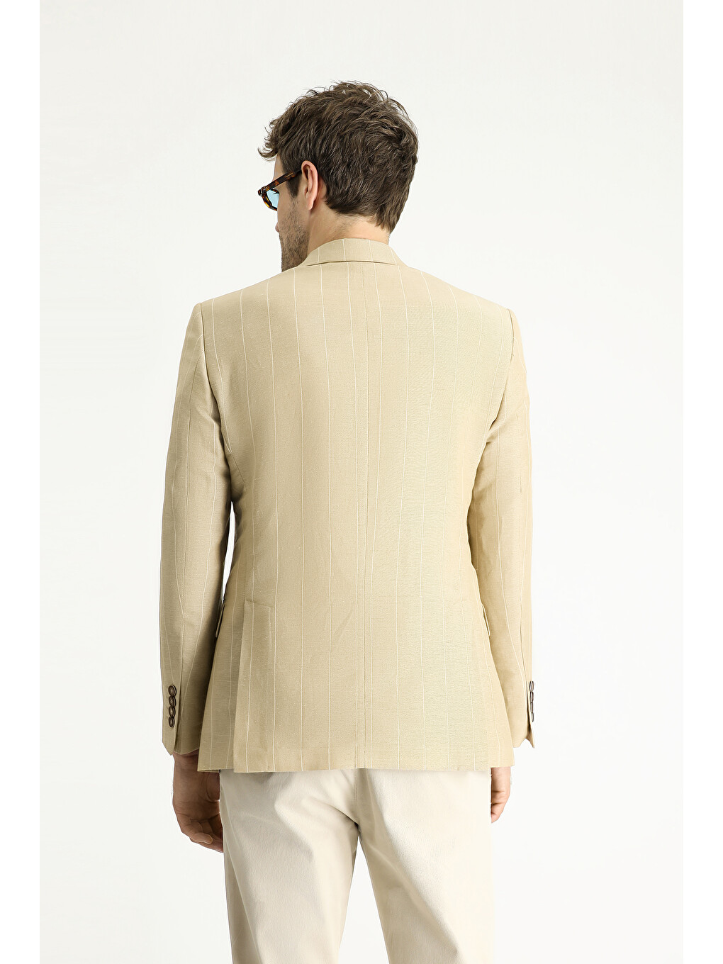 Bej Kruvaze Çizgili Keten Karışımlı Blazer Ceket-3