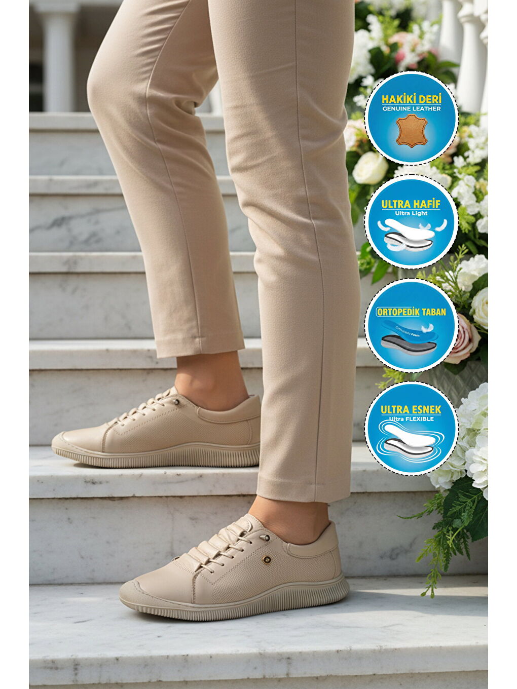 Bej Hakiki Deri Ortopedik Kadın Casual Ayakkabı 5605 Z-2