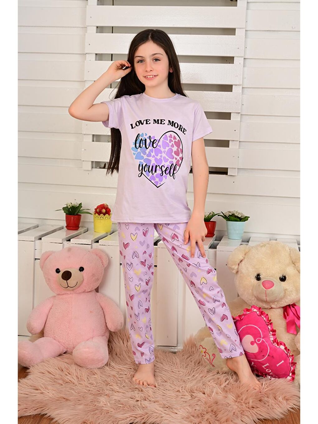 Kısa Kollu Kız Çocuk Pijama Takımı Love Me More Lila