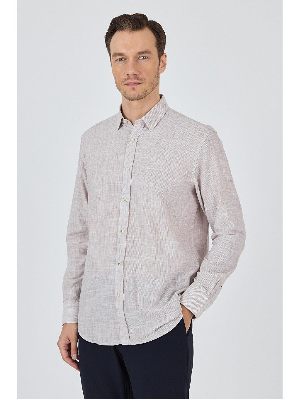 Kahverengi Uzun Kol Cepsiz Pamuk Casual Comfort Fit %100 Pamuk Gömlek 1004250127-2