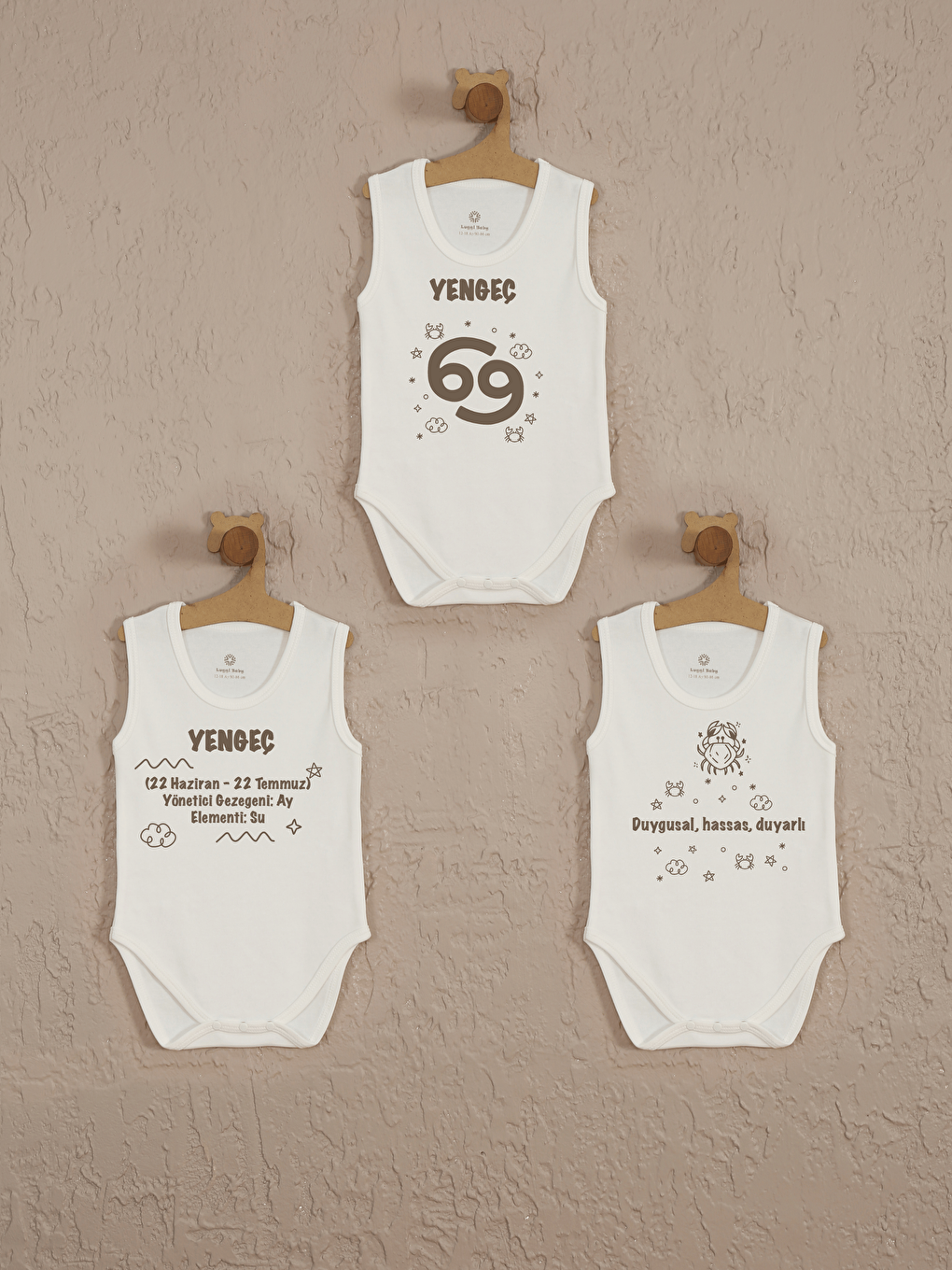 Ekru Bisiklet Yaka Yengeç Burcu Baskılı Unisex Bebek çıtçıtlı  Body  3’lü