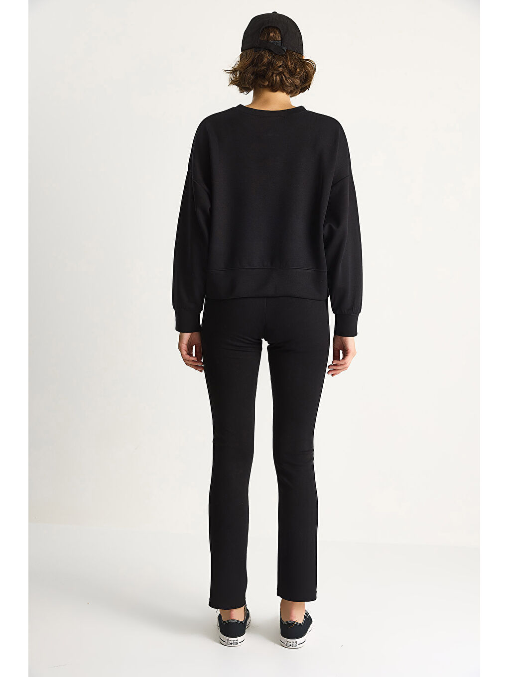 Siyah Kadın Yumuşak Dokulu Bisiklet Yaka Oversize Sweat Pantolon Viskon Dalgıç Takım-7