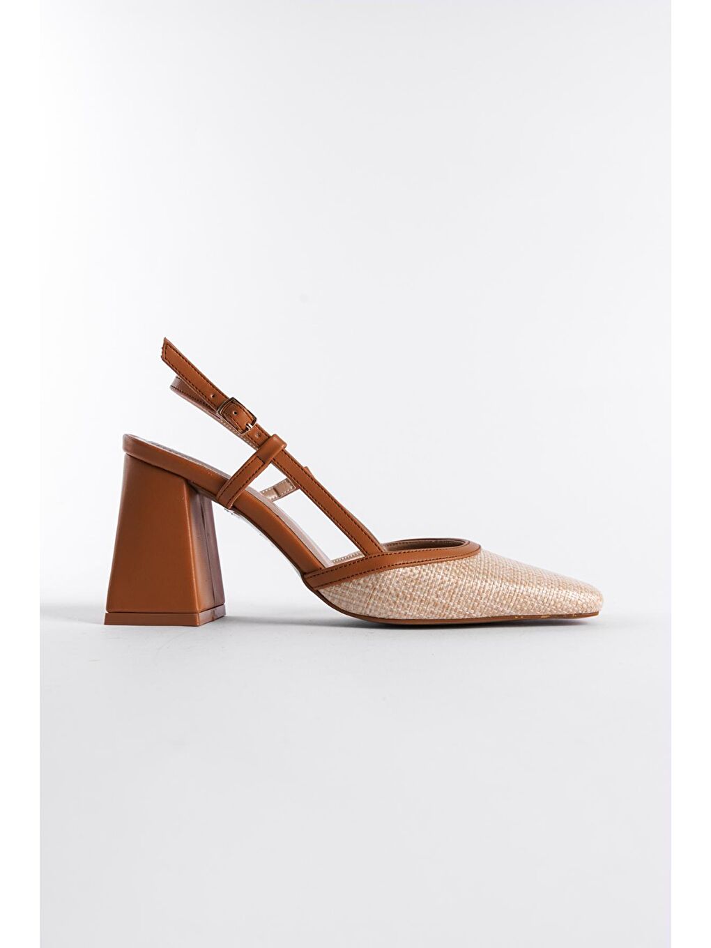 Sarı Arkası Açık Küt Burunlu Kalın Topuklu  Hasır Kadın Ayakkabı-2