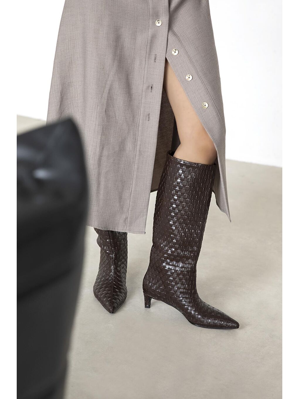 Kahverengi Esila Kadın Örgü Detay Deri Çizme Kahve-1