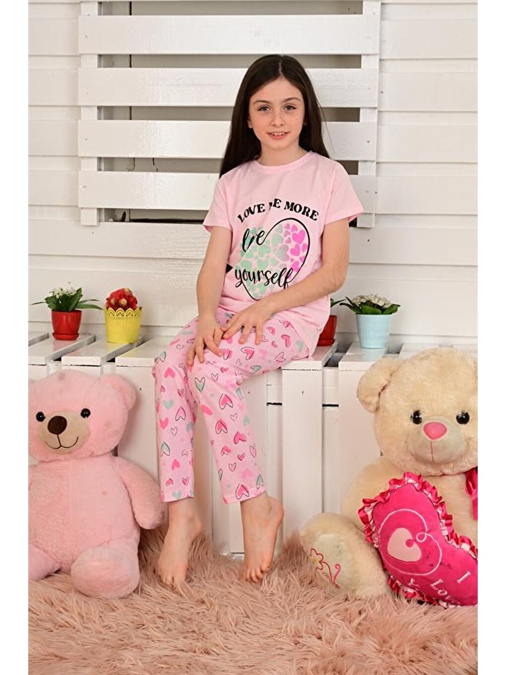 Kız Çocuk Kısa Kollu Pijama Takımı Love Me More Pembe